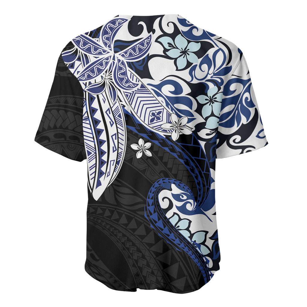Monstera Plumeria Flowers Blue Baseball Jersey Polynesian Pattern