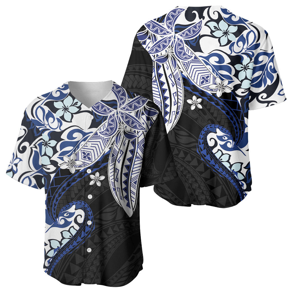 Monstera Plumeria Flowers Blue Baseball Jersey Polynesian Pattern