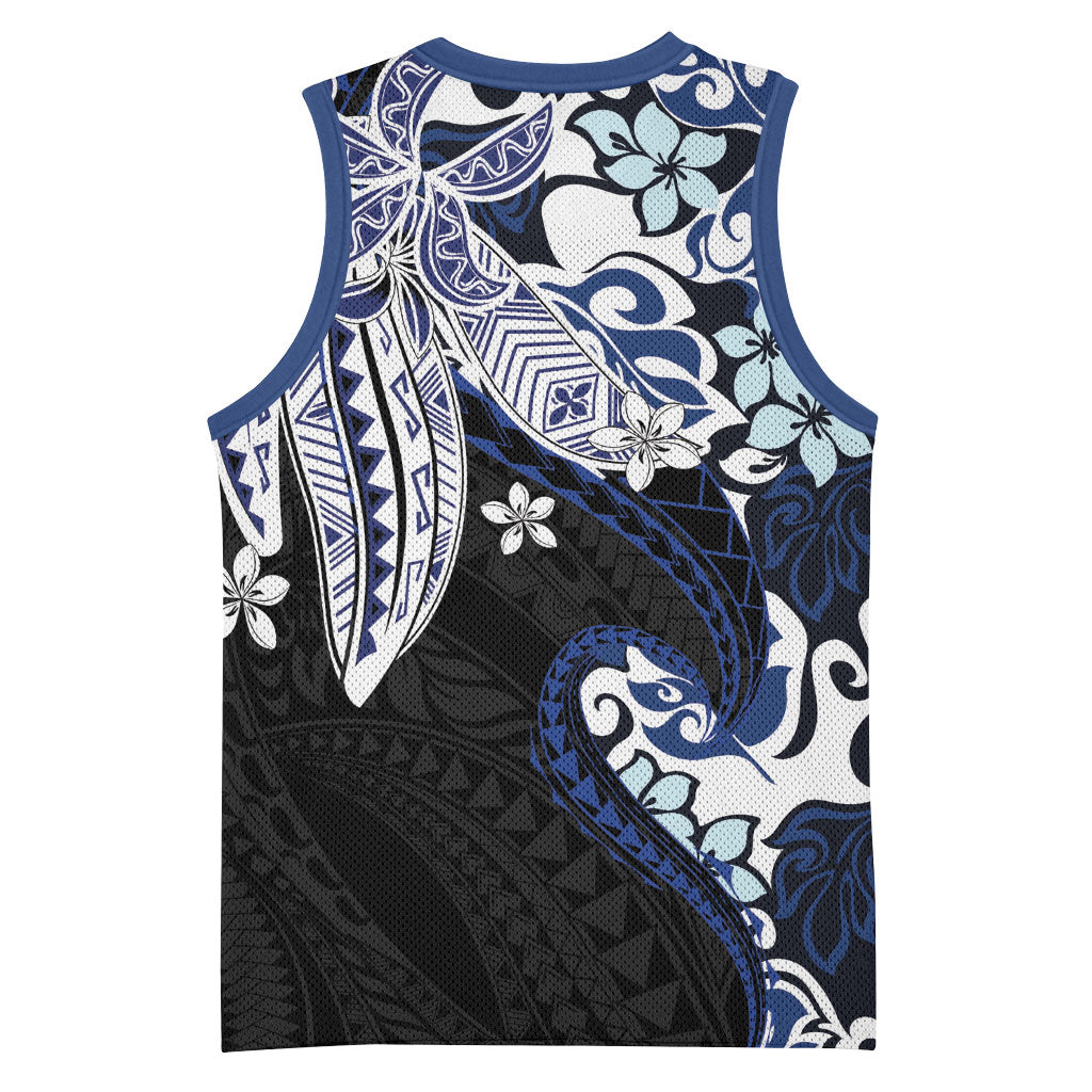 Monstera Plumeria Flowers Blue Basketball Jersey Polynesian Pattern