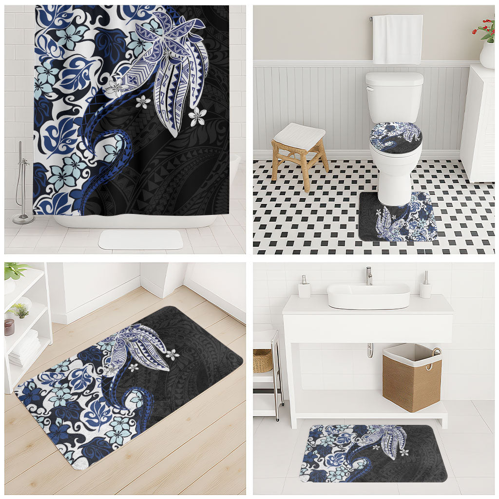 Monstera Plumeria Flowers Blue Bathroom Set Polynesian Pattern