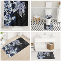 Monstera Plumeria Flowers Blue Bathroom Set Polynesian Pattern