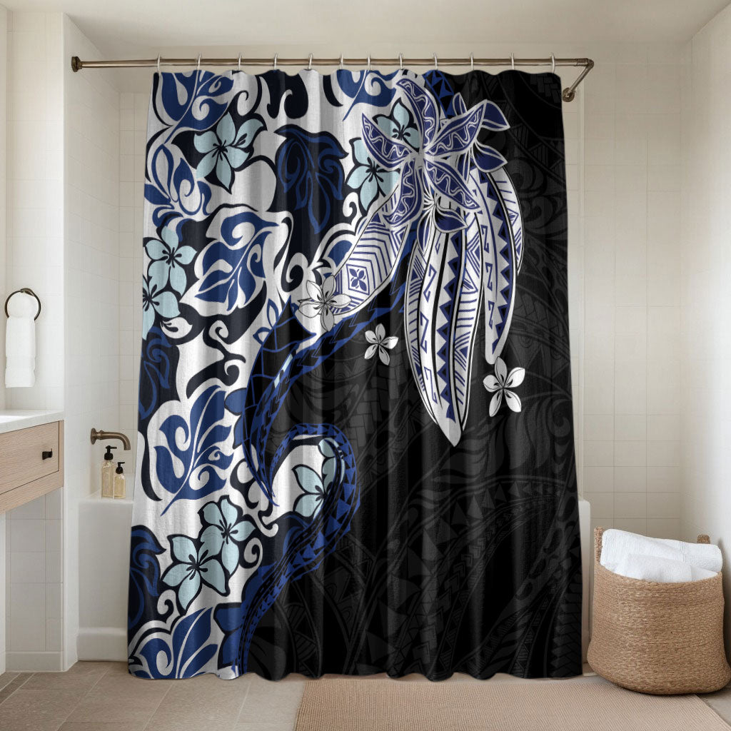 Monstera Plumeria Flowers Blue Bathroom Set Polynesian Pattern