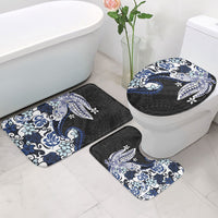 Monstera Plumeria Flowers Blue Bathroom Set Polynesian Pattern