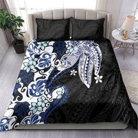 Monstera Plumeria Flowers Blue Bedding Set Polynesian Pattern