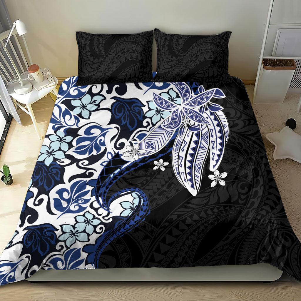 Monstera Plumeria Flowers Blue Bedding Set Polynesian Pattern