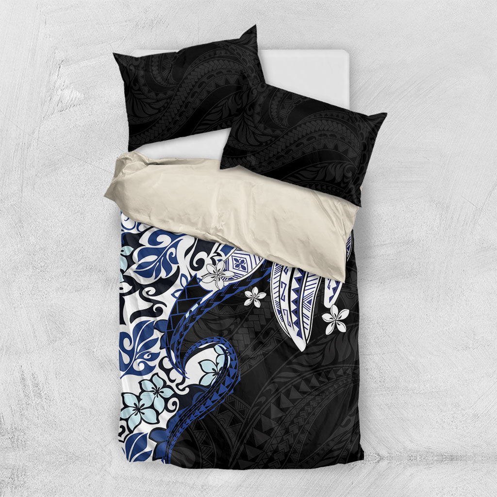 Monstera Plumeria Flowers Blue Bedding Set Polynesian Pattern