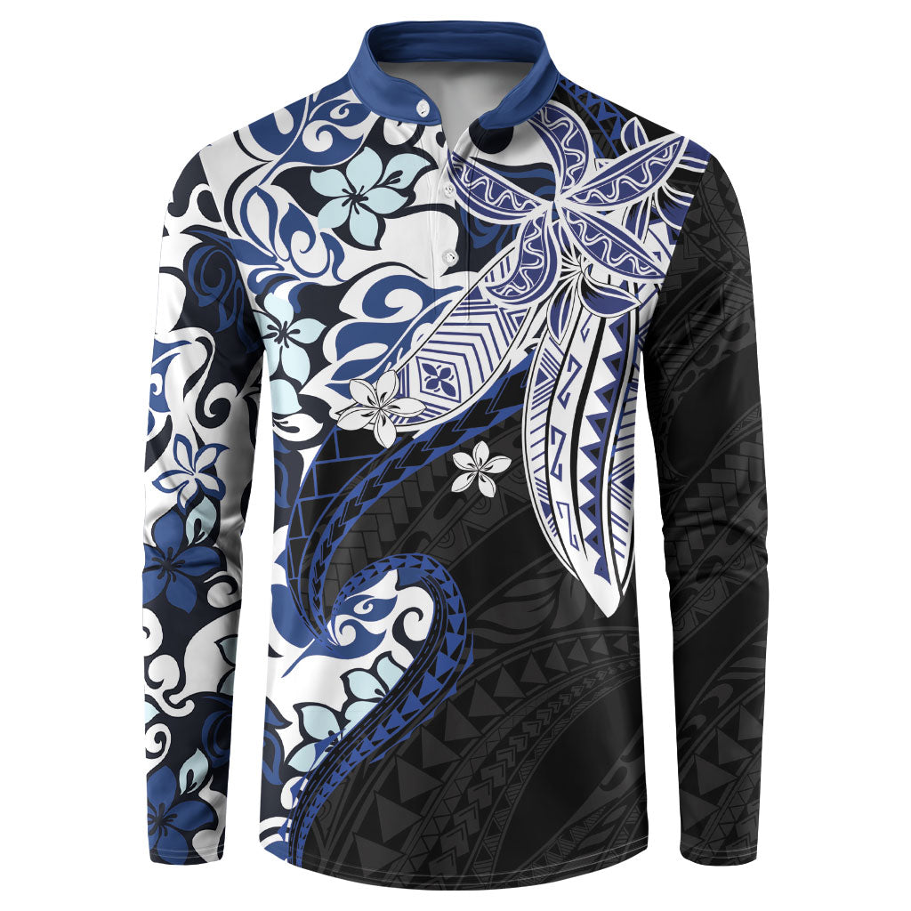 Monstera Plumeria Flowers Blue Button Sweatshirt Polynesian Pattern