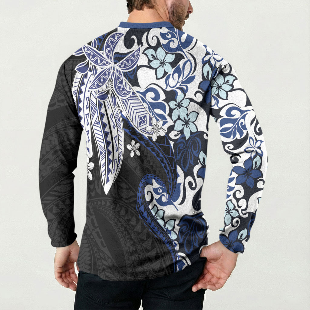 Monstera Plumeria Flowers Blue Button Sweatshirt Polynesian Pattern