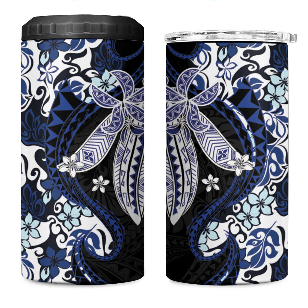 Monstera Plumeria Flowers Blue 4 in 1 Can Cooler Tumbler Polynesian Pattern