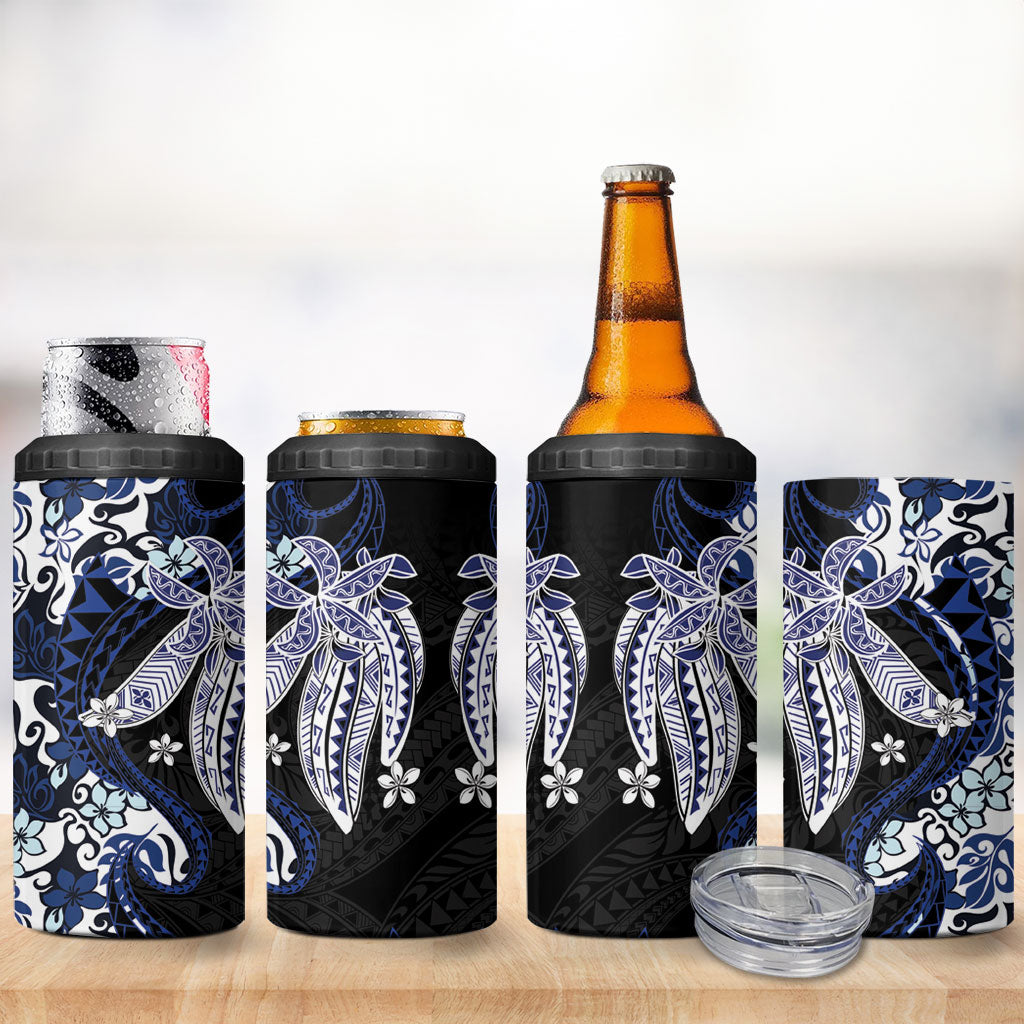 Monstera Plumeria Flowers Blue 4 in 1 Can Cooler Tumbler Polynesian Pattern