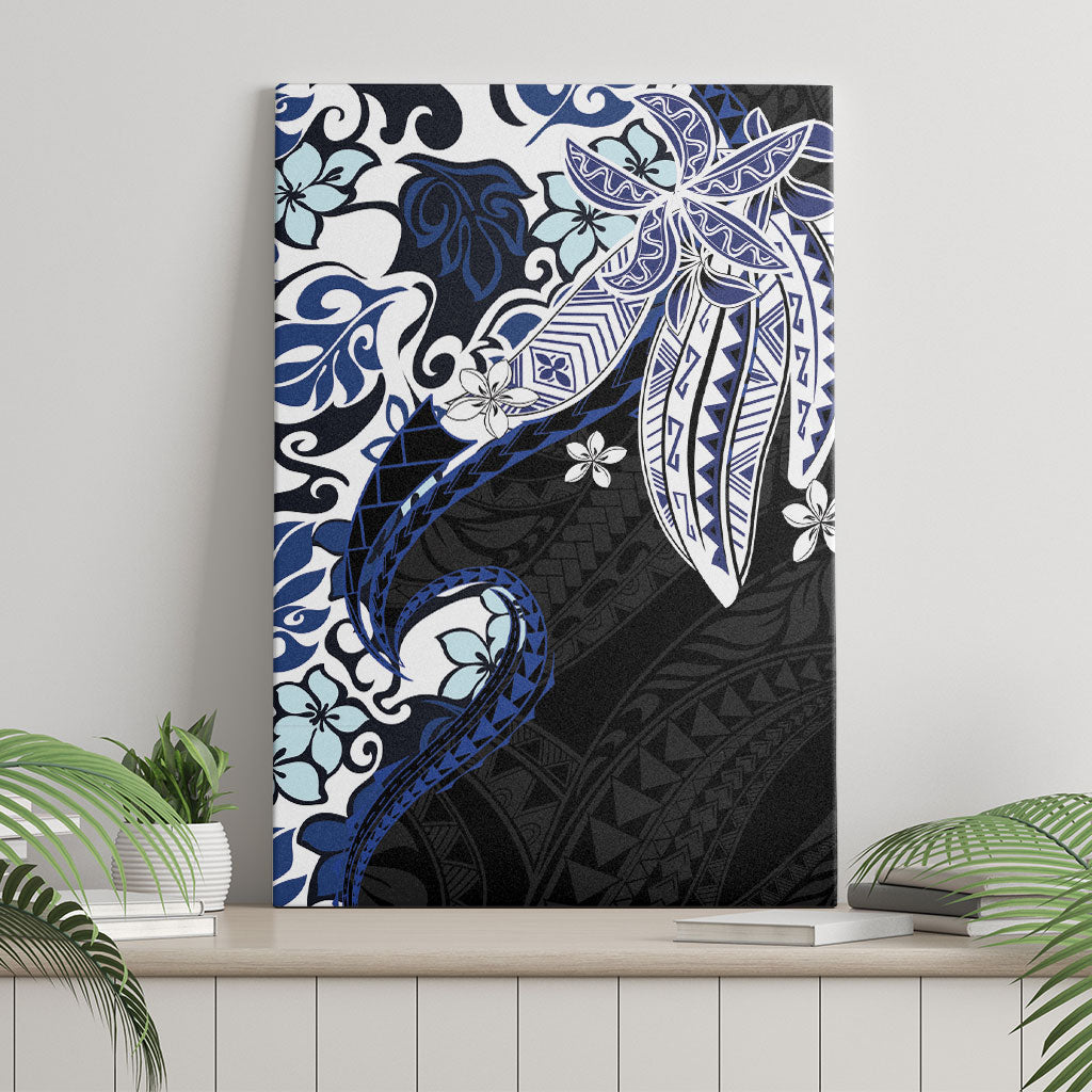 Monstera Plumeria Flowers Blue Canvas Wall Art Polynesian Pattern