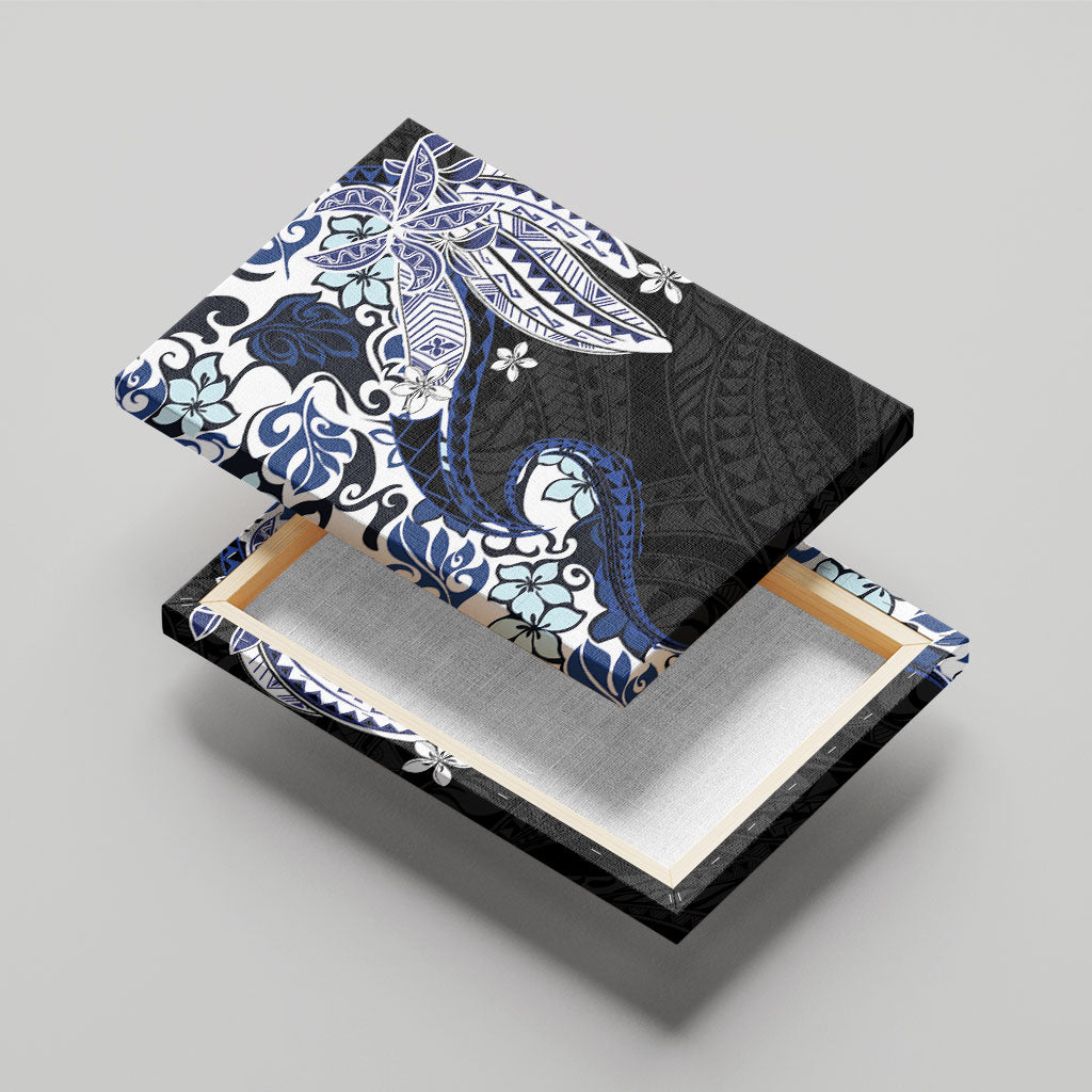 Monstera Plumeria Flowers Blue Canvas Wall Art Polynesian Pattern