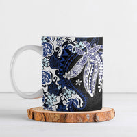 Monstera Plumeria Flowers Blue Ceramic Mug Polynesian Pattern