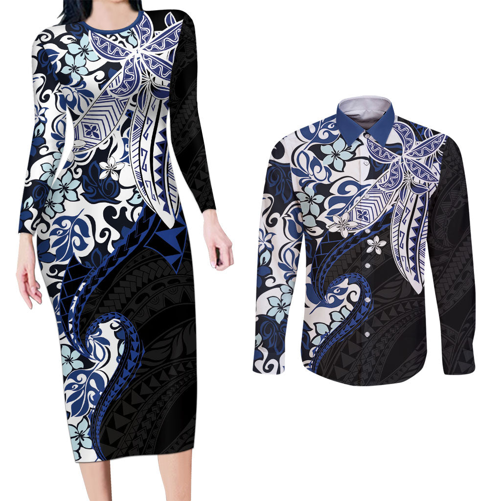 Monstera Plumeria Flowers Blue Couples Matching Long Sleeve Bodycon Dress and Long Sleeve Button Shirt Polynesian Pattern
