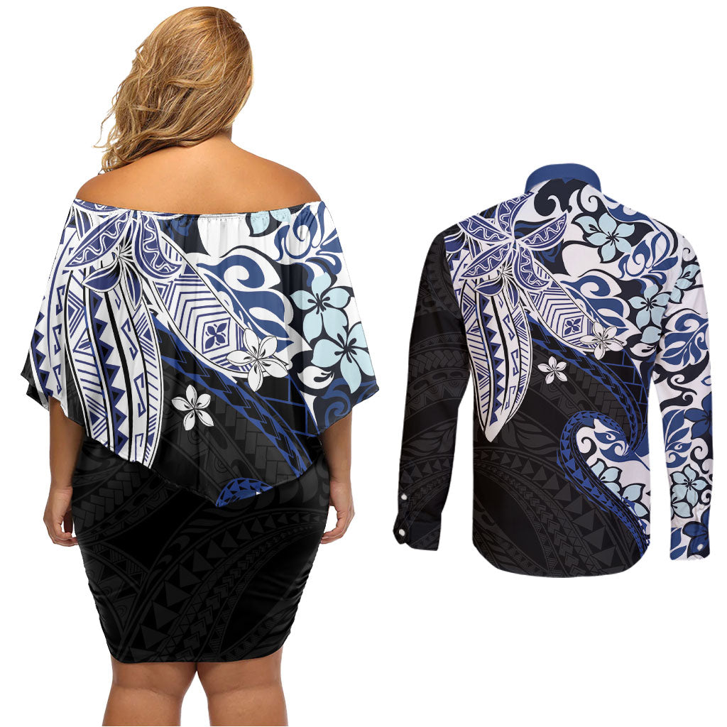 Monstera Plumeria Flowers Blue Couples Matching Off Shoulder Short Dress and Long Sleeve Button Shirt Polynesian Pattern