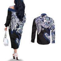 Monstera Plumeria Flowers Blue Couples Matching Off The Shoulder Long Sleeve Dress and Long Sleeve Button Shirt Polynesian Pattern
