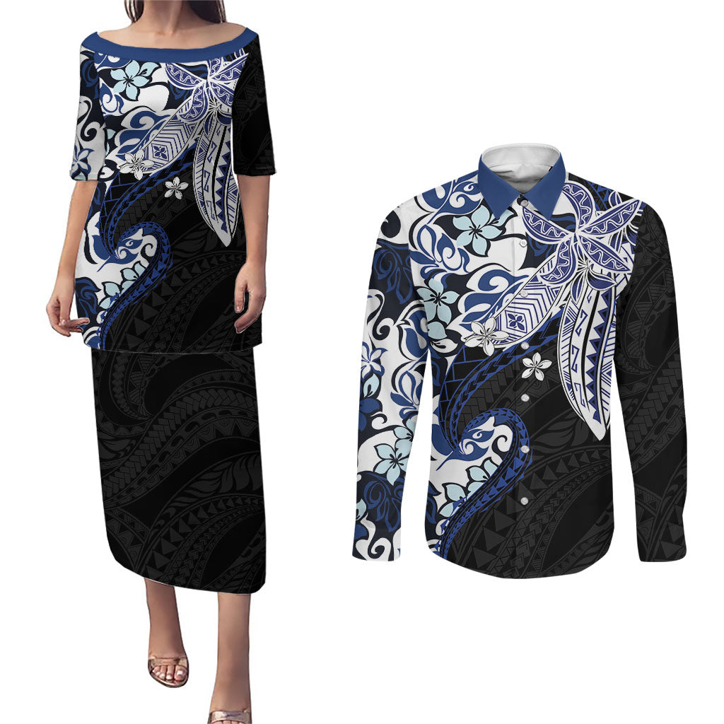 Monstera Plumeria Flowers Blue Couples Matching Puletasi and Long Sleeve Button Shirt Polynesian Pattern LT01 Blue - Polynesian Pride