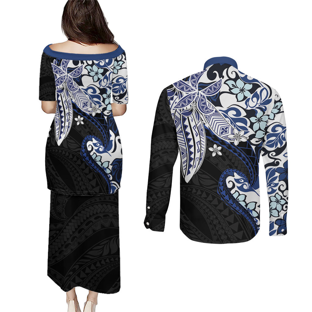 Monstera Plumeria Flowers Blue Couples Matching Puletasi and Long Sleeve Button Shirt Polynesian Pattern LT01 - Polynesian Pride