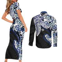 Monstera Plumeria Flowers Blue Couples Matching Short Sleeve Bodycon Dress and Long Sleeve Button Shirt Polynesian Pattern