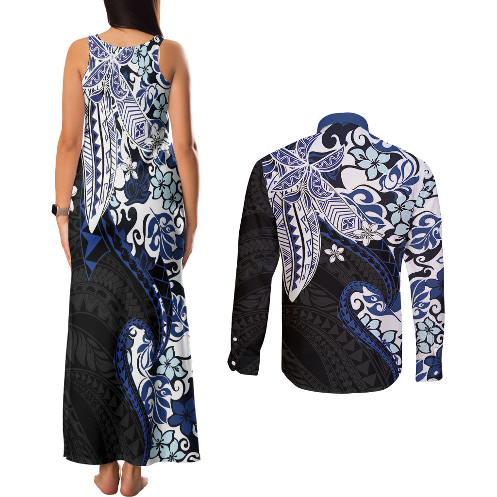 Monstera Plumeria Flowers Blue Couples Matching Tank Maxi Dress and Long Sleeve Button Shirt Polynesian Pattern