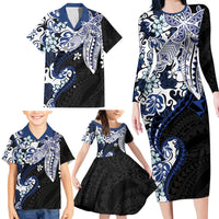 Monstera Plumeria Flowers Blue Family Matching Long Sleeve Bodycon Dress and Hawaiian Shirt Polynesian Pattern