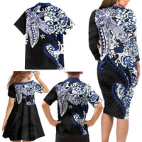Monstera Plumeria Flowers Blue Family Matching Long Sleeve Bodycon Dress and Hawaiian Shirt Polynesian Pattern