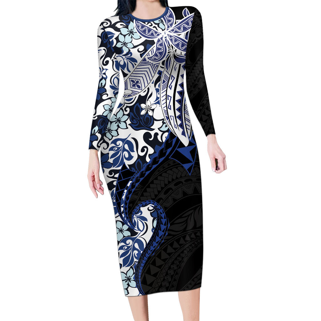 Monstera Plumeria Flowers Blue Family Matching Long Sleeve Bodycon Dress and Hawaiian Shirt Polynesian Pattern