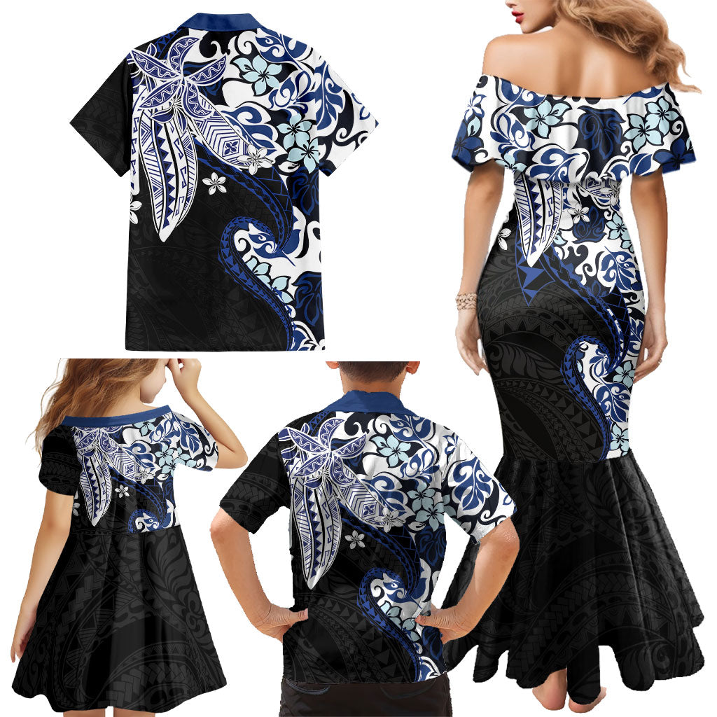 Monstera Plumeria Flowers Blue Family Matching Mermaid Dress and Hawaiian Shirt Polynesian Pattern