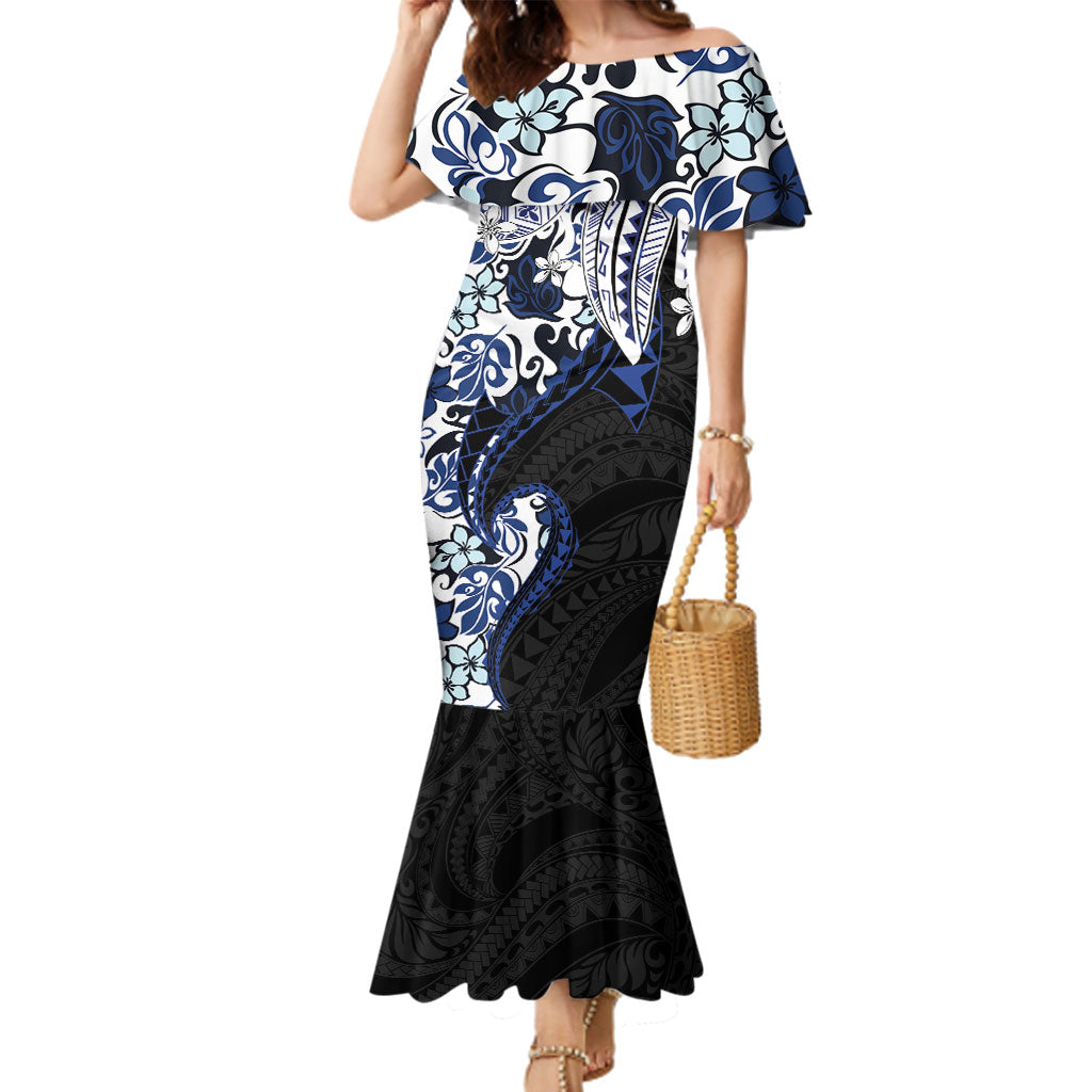 Monstera Plumeria Flowers Blue Family Matching Mermaid Dress and Hawaiian Shirt Polynesian Pattern