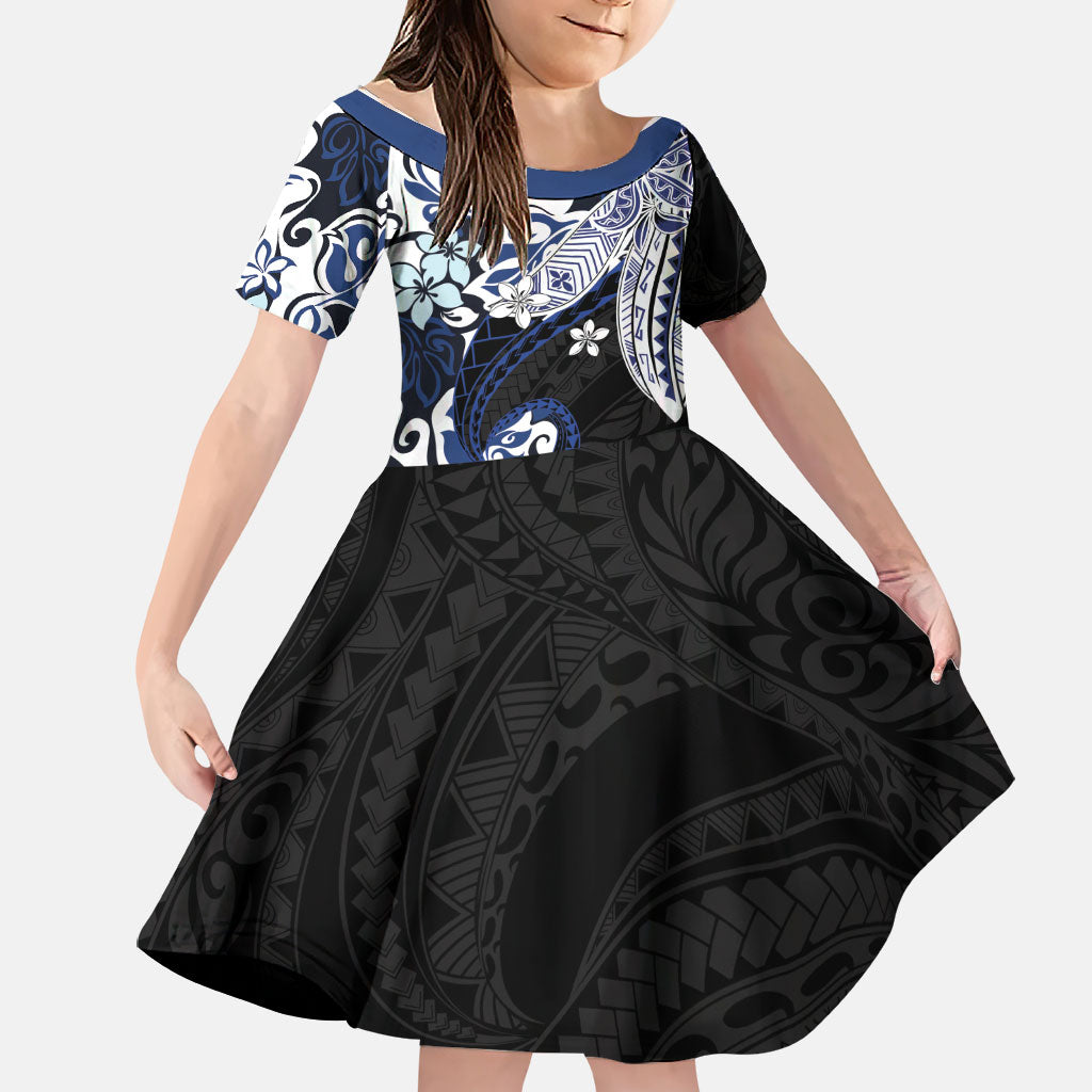 Monstera Plumeria Flowers Blue Family Matching Off The Shoulder Long Sleeve Dress and Hawaiian Shirt Polynesian Pattern