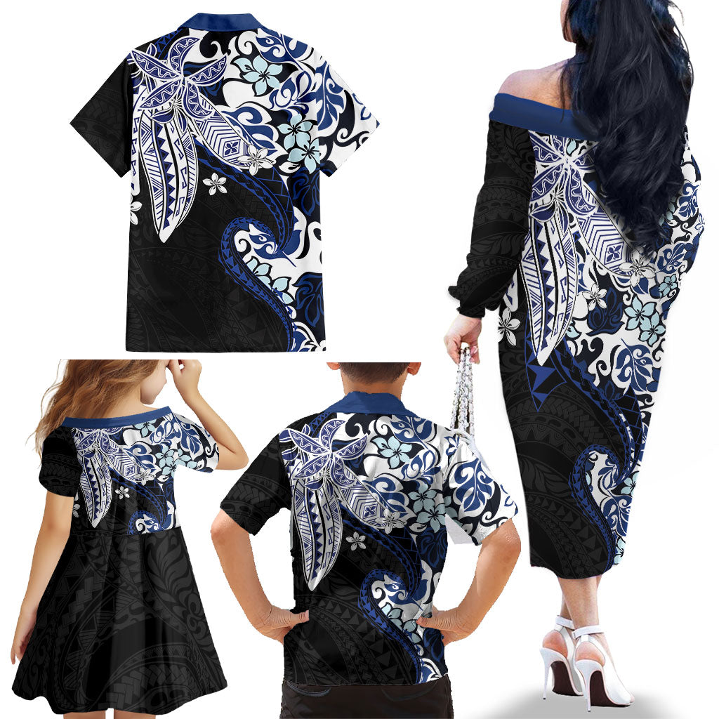 Monstera Plumeria Flowers Blue Family Matching Off The Shoulder Long Sleeve Dress and Hawaiian Shirt Polynesian Pattern