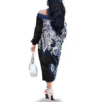 Monstera Plumeria Flowers Blue Family Matching Off The Shoulder Long Sleeve Dress and Hawaiian Shirt Polynesian Pattern
