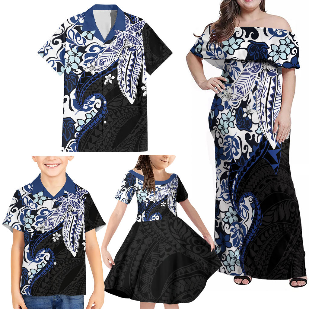 Monstera Plumeria Flowers Blue Family Matching Off Shoulder Maxi Dress and Hawaiian Shirt Polynesian Pattern