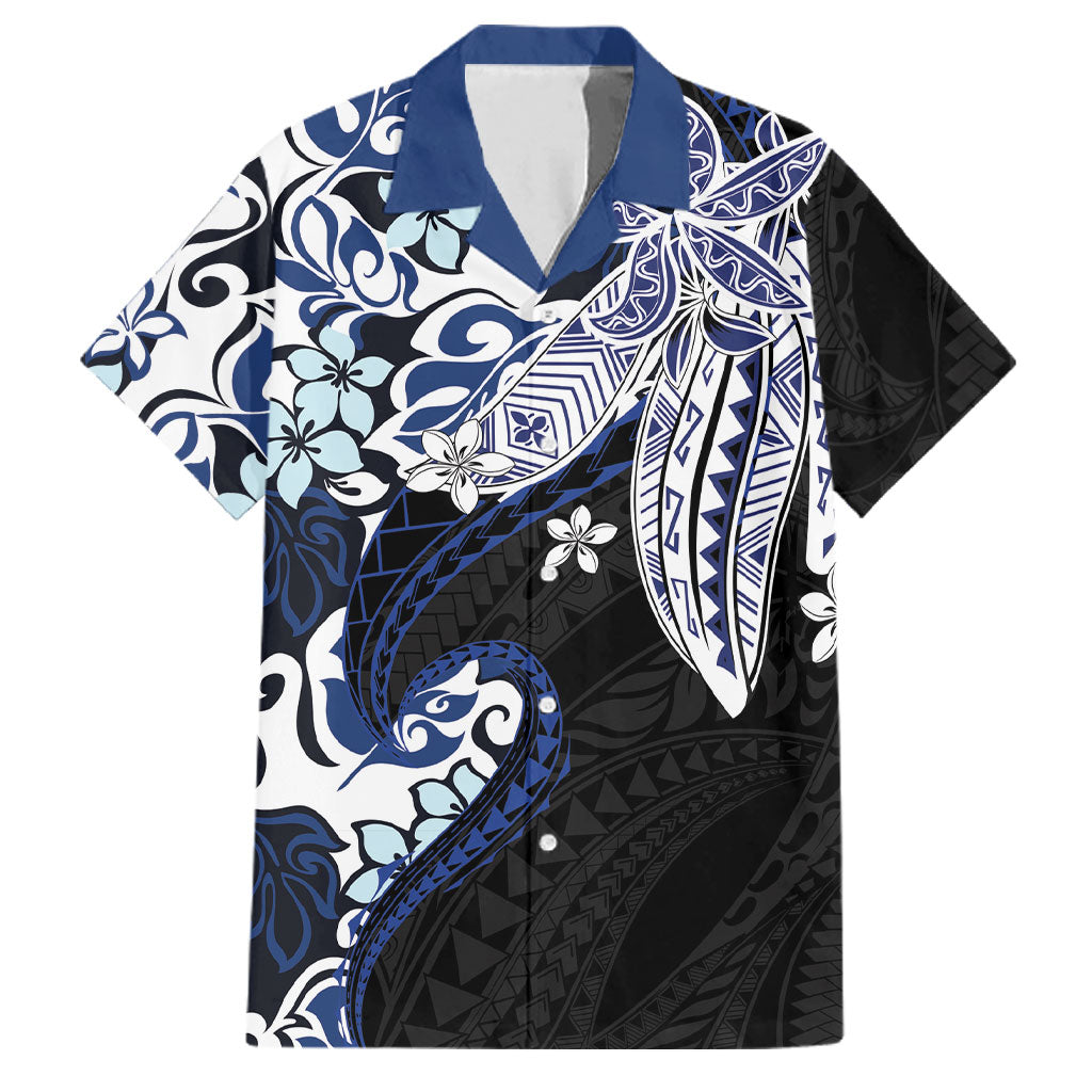 Monstera Plumeria Flowers Blue Family Matching Off Shoulder Short Dress and Hawaiian Shirt Polynesian Pattern