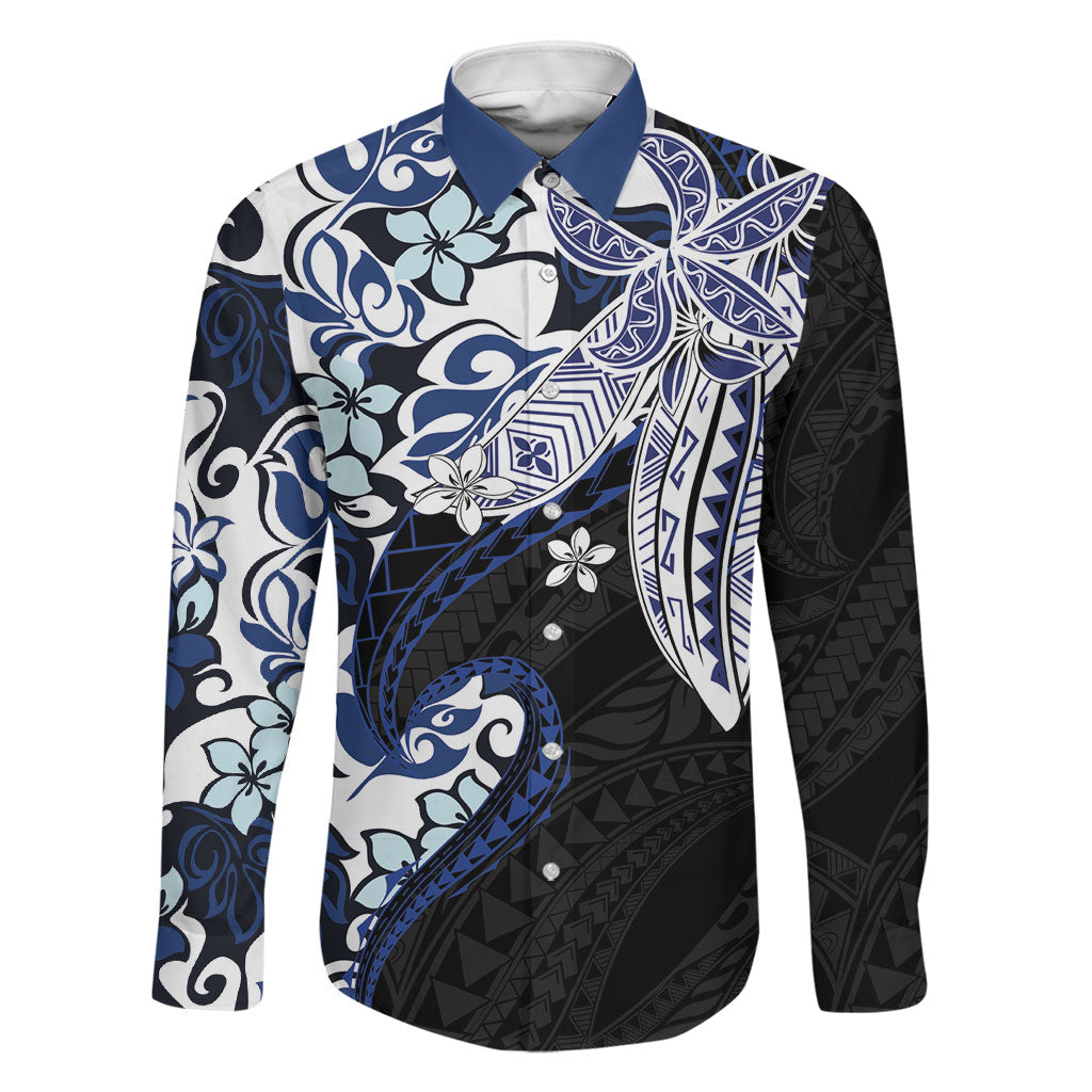 Monstera Plumeria Flowers Blue Family Matching Off Shoulder Short Dress and Hawaiian Shirt Polynesian Pattern