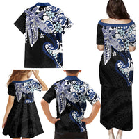 Monstera Plumeria Flowers Blue Family Matching Puletasi and Hawaiian Shirt Polynesian Pattern