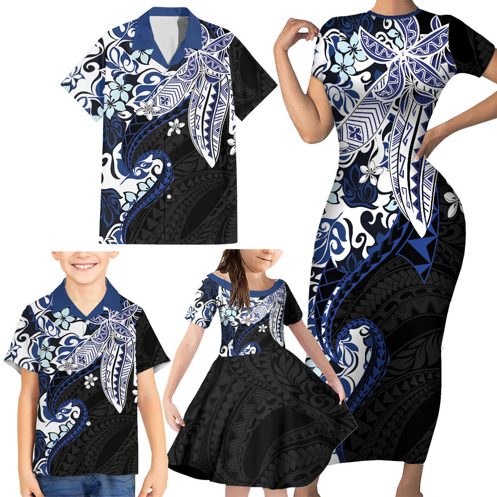 Monstera Plumeria Flowers Blue Family Matching Short Sleeve Bodycon Dress and Hawaiian Shirt Polynesian Pattern