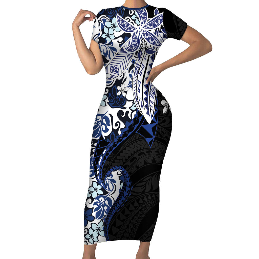 Monstera Plumeria Flowers Blue Family Matching Short Sleeve Bodycon Dress and Hawaiian Shirt Polynesian Pattern