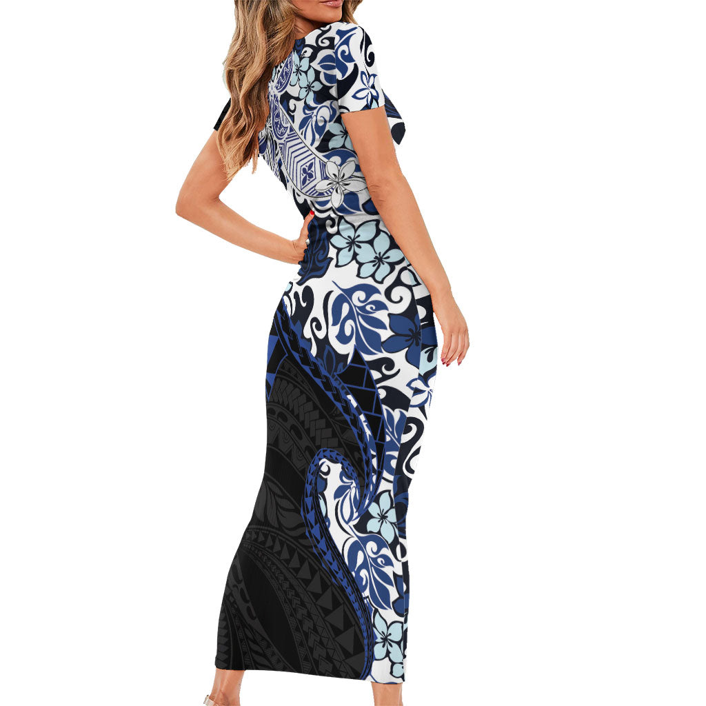 Monstera Plumeria Flowers Blue Family Matching Short Sleeve Bodycon Dress and Hawaiian Shirt Polynesian Pattern