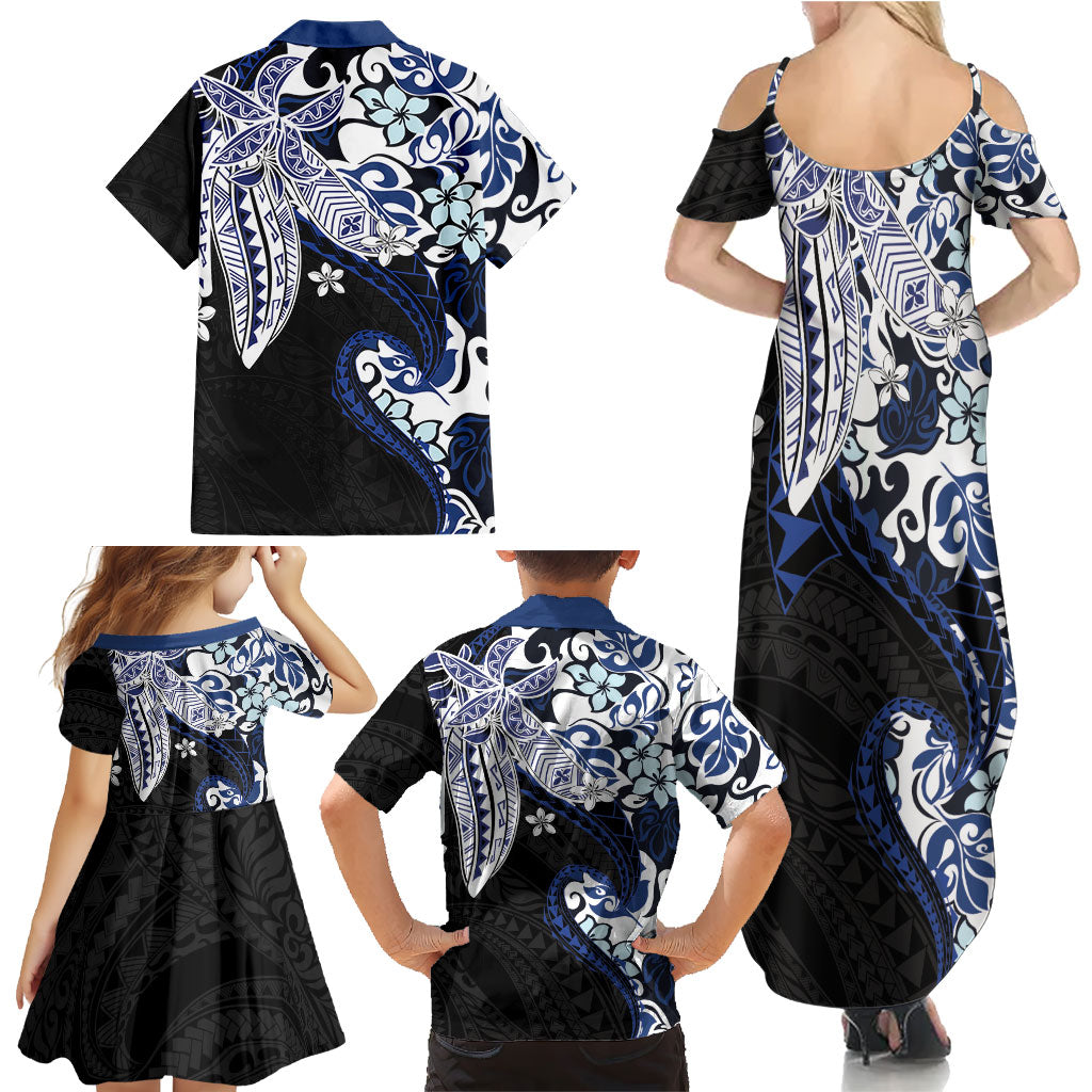 Monstera Plumeria Flowers Blue Family Matching Summer Maxi Dress and Hawaiian Shirt Polynesian Pattern