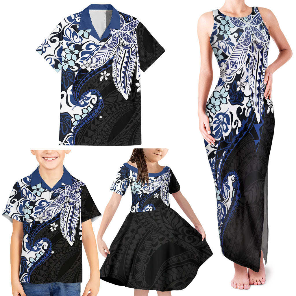 Monstera Plumeria Flowers Blue Family Matching Tank Maxi Dress and Hawaiian Shirt Polynesian Pattern