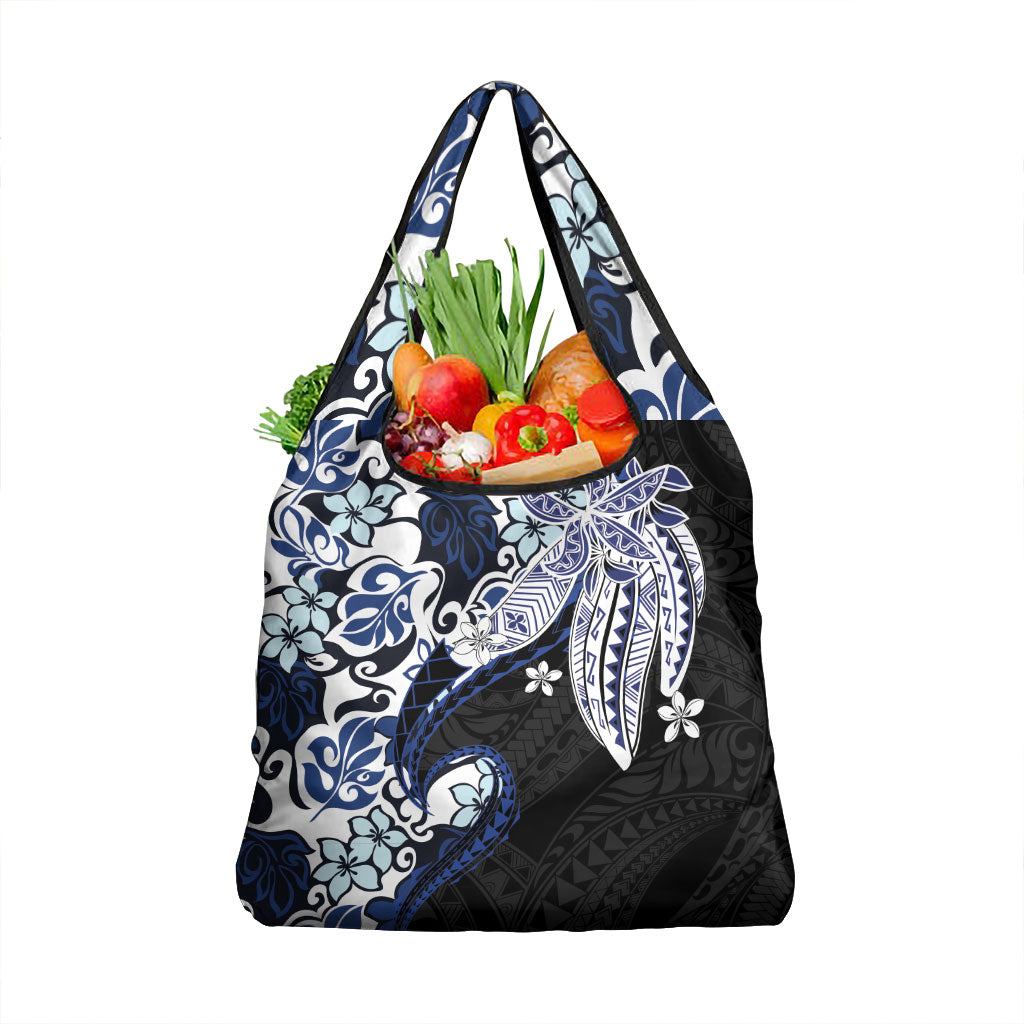 Monstera Plumeria Flowers Blue Grocery Bag Polynesian Pattern