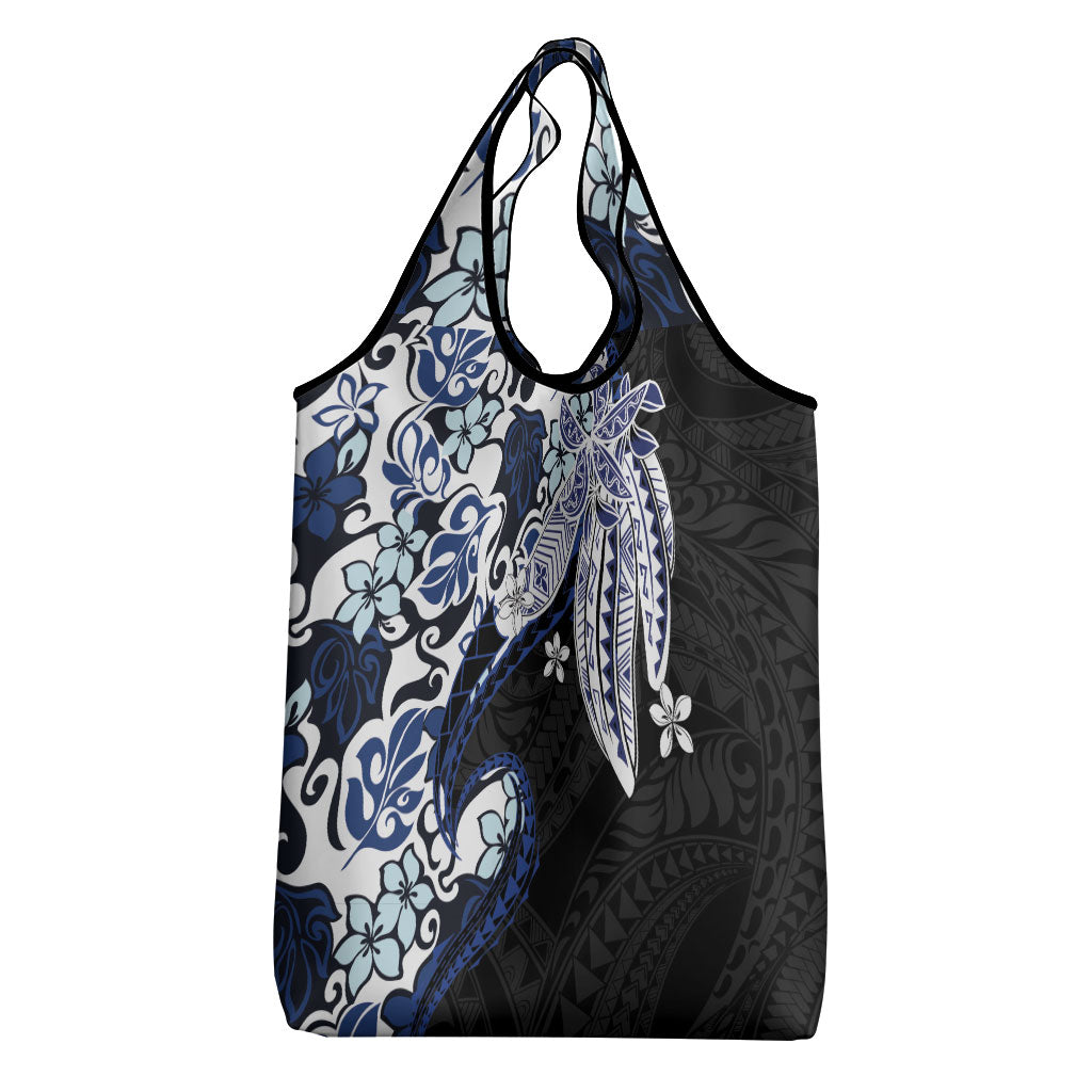 Monstera Plumeria Flowers Blue Grocery Bag Polynesian Pattern