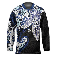 Monstera Plumeria Flowers Blue Hockey Jersey Polynesian Pattern
