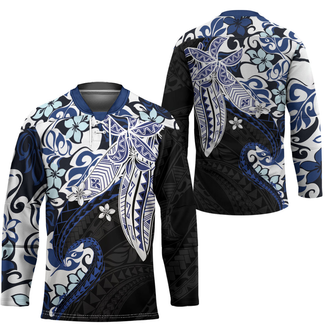 Monstera Plumeria Flowers Blue Hockey Jersey Polynesian Pattern