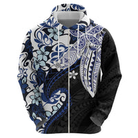 Monstera Plumeria Flowers Blue Hoodie Polynesian Pattern