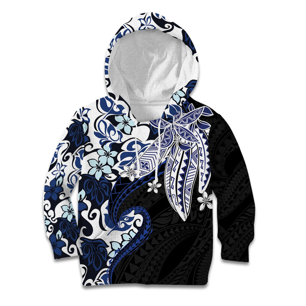 Monstera Plumeria Flowers Blue Kid Hoodie Polynesian Pattern