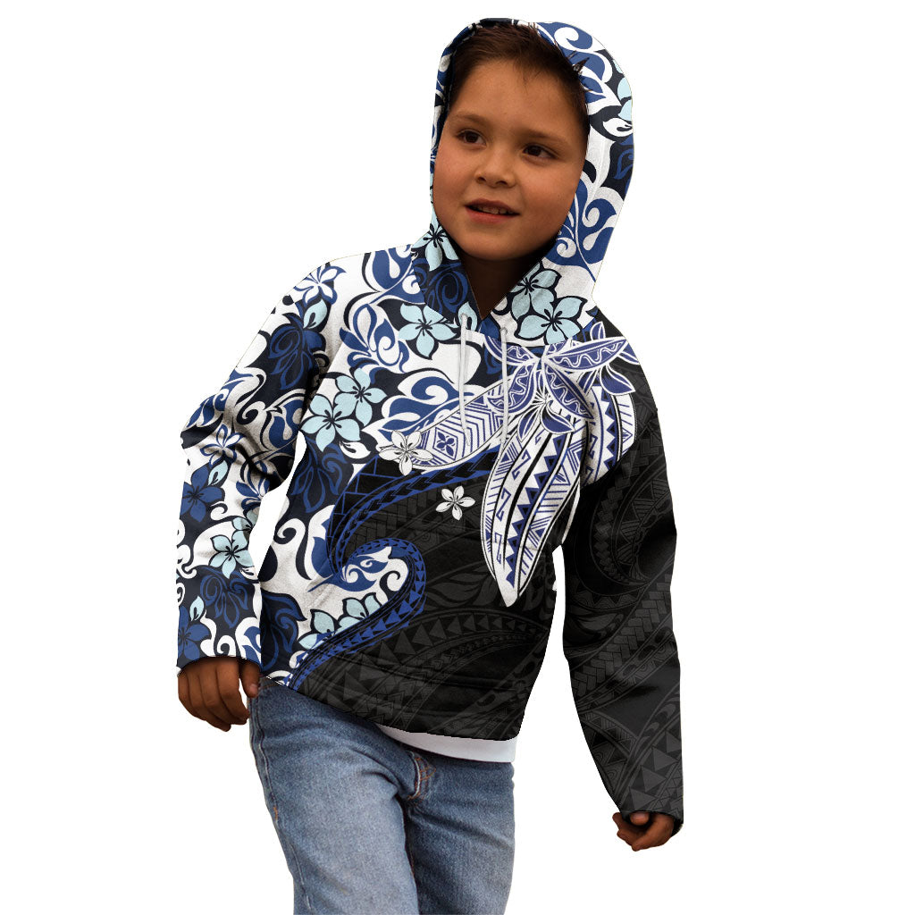 Monstera Plumeria Flowers Blue Kid Hoodie Polynesian Pattern