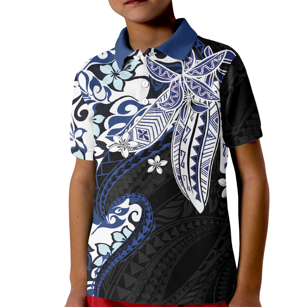 Monstera Plumeria Flowers Blue Kid Polo Shirt Polynesian Pattern