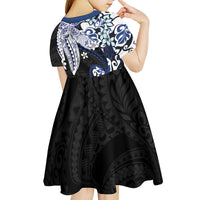 Monstera Plumeria Flowers Blue Kid Short Sleeve Dress Polynesian Pattern